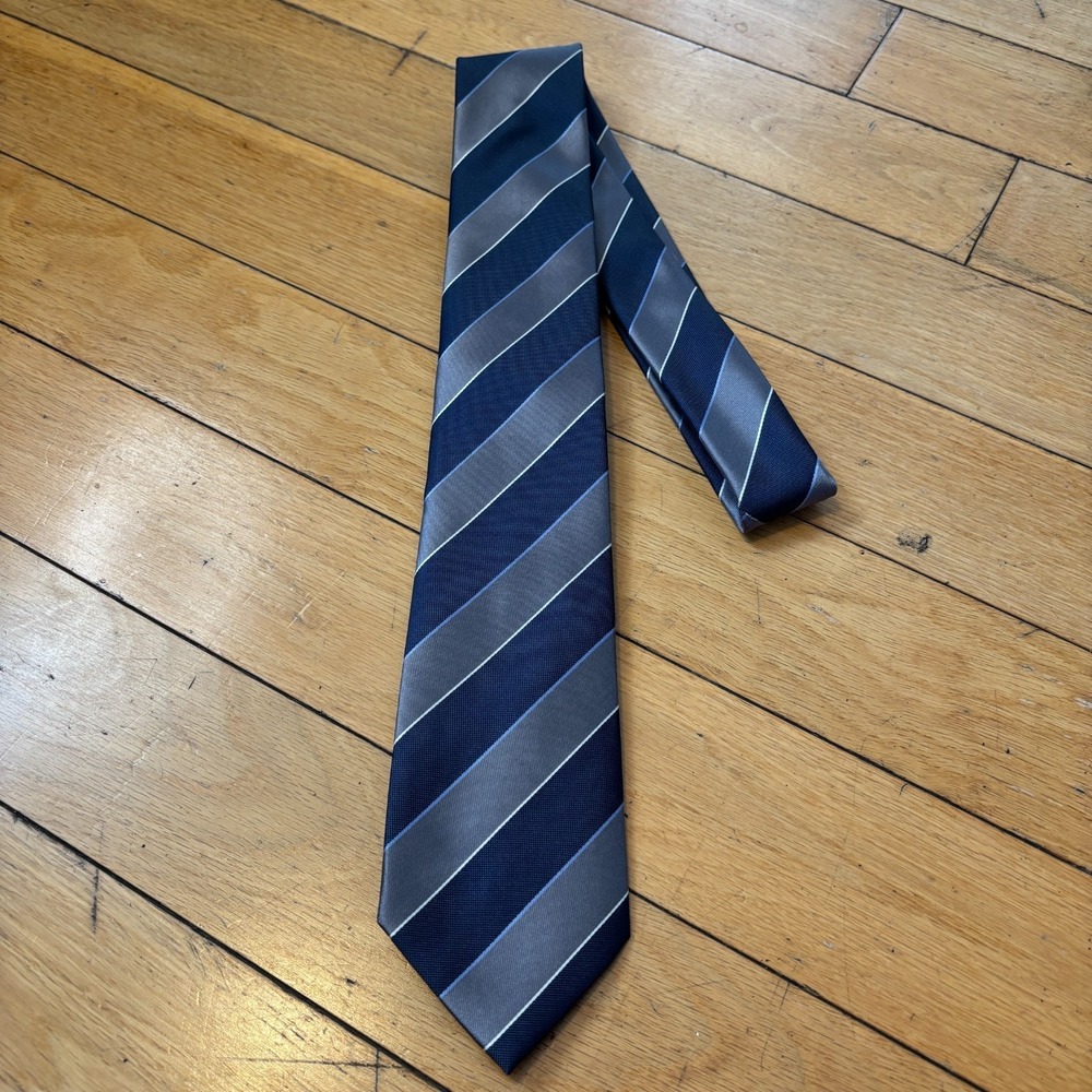 Dmitry Made Italy Silk Tie Navy Gray Repp Bar Stripe White Pinstripe